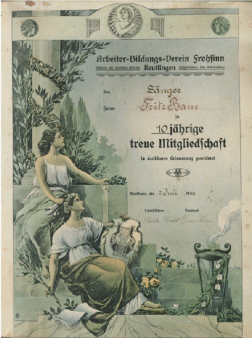 Am 3. März 1919 hatten sich der Arbeiterbildungsverein und der Gesangverein Frohsinn zum Arbeiterbildungsverein Frohsinn vereinigt. Für 10-jährige Mitgliedschaft wurde dem Sänger Fritz Baur 1923 diese Urkunde verliehen (Foto: Stadt Reutlingen)