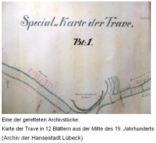Eine der geretteten Archivstücke: Karte der Trave in 12 Blättern aus der Mitte des 19. Jahrhunderts