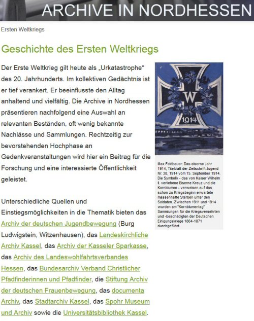 Quellen zum Ersten Weltkrieg der Archive Nordhessen