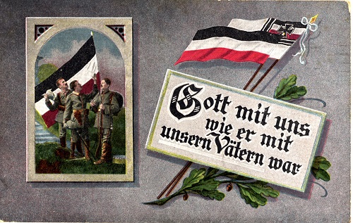 Abb.: Feldpostkarte aus dem Ersten Weltkrieg 'Gott mit uns wie er mit unsern Vätern war'
