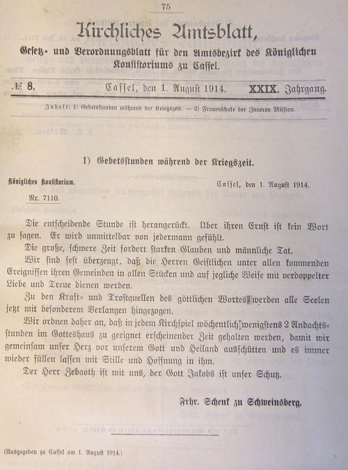 Kirchliches Amtsblatt Konsistorium Kassel, 1. August 1914, Gebetsstunden während der Kriegszeit (Landeskirchliches Archiv Kassel)
