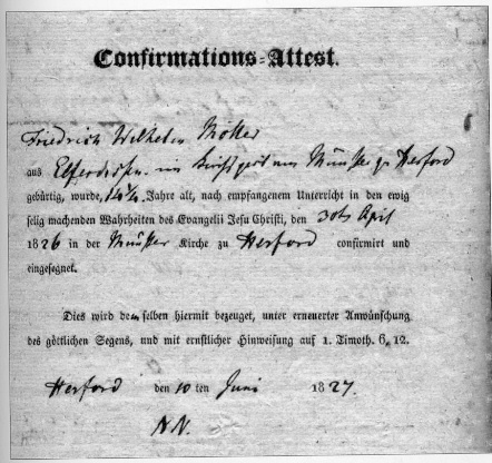Muster eines Konfirmationsattestes im Kirchenkreis Herford, 1827 (Abbildung aus dem bespr. Band)