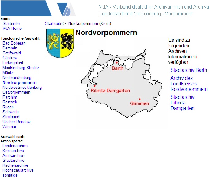 Abbildung 1: Kurzübersicht über die Bestände des Kreisarchivs Nordvorpommern (Quelle: VdA LV MeckPomm)