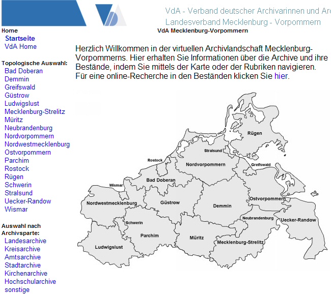 Abbildung 2: Startseite f�r die virtuelle Archivlandschaft Mecklenburg-Vorpommern (Quelle: VdA LV MeckPomm)