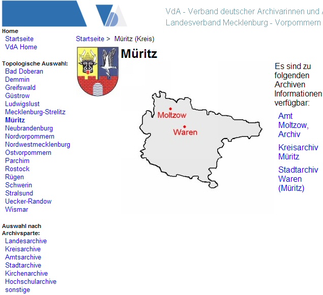 Abbildung 3: Übersichtseite für die Archive im Landkreis Müritz (Quelle: VdA LV MeckPomm)