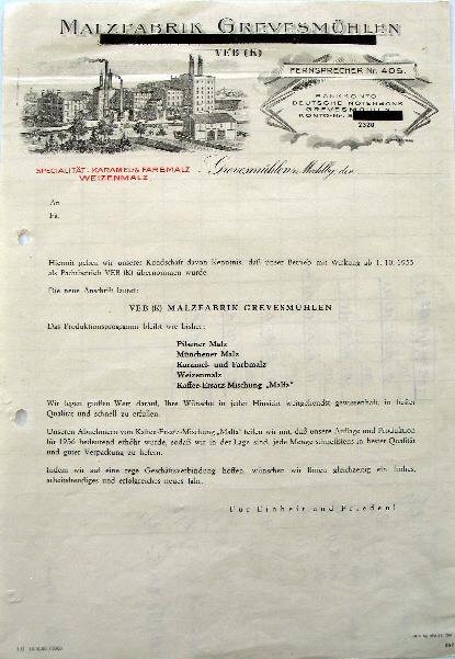 Gesch�ftspapiere der Malzfabrik 1955, heute Sitz der Kreisverwaltung und des Kreisarchivs (Quelle: VII/456)