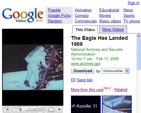 Google Video: Mondlandung 20.7.1969 (Quelle: http://video.google.com/videoplay?docid=4166049933953240830&q=45017)