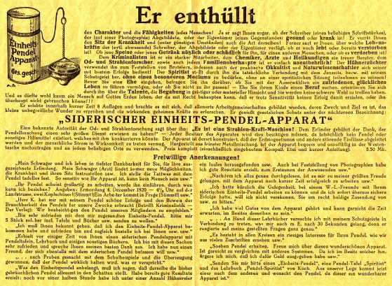 Werbeprospekt �Siderischer Einheits-Pendel-Apparat� (1920er Jahre) [IGPP-Archiv, 10/4/II,4]