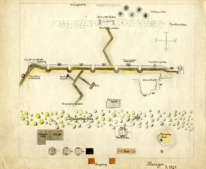 Der Mustersch�tzengraben auf der Ochsenheide, Zeichnung des Kurt 
Kr�ger, 1915; Stadtarchiv Bielefeld, Bestand 400,11/Graphische Sammlung, Nr. 272