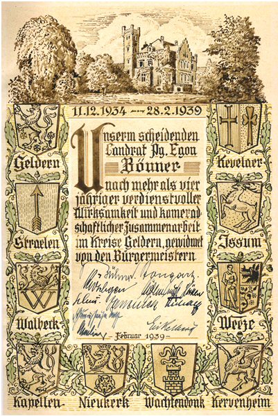 Pers�nliche Widmung der B�rgermeister unter einer Tuschezeichnung der Villa von Eerde, dem damaligen Landratsamtes des Kreises Geldern (heute Stadtverwaltung Geldern) (KA Kle F3, 5)