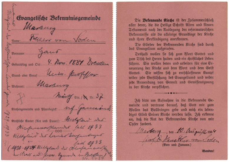 Abgebildet ist exemplarisch die Mitgliedskarte von Prof. Dr. Hans Freiherr von Soden aus dem Jahr 1934 (© Landeskirchliches Archiv Kassel)