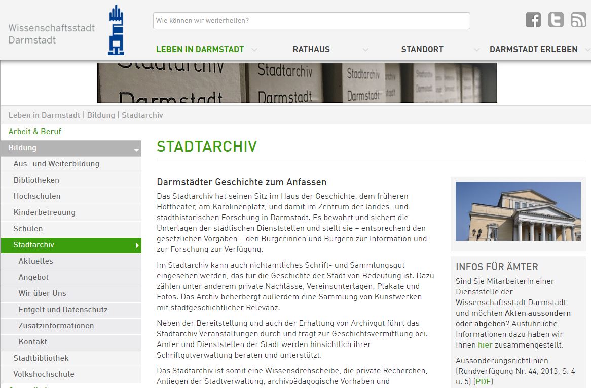 Stadtarchiv Darmstadt ab sofort im Netz erreichbar | AUGIAS.Net
